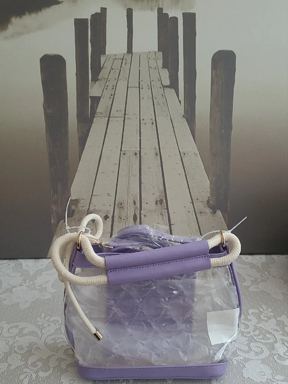 Women’s Clear Purple Beach Phone Case Crossbody with Gold Shell Accents